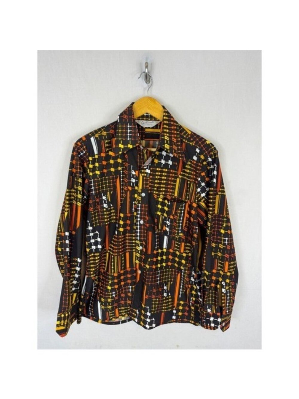 Vintage La Ronde 70s Disco Shirt Geometric Print Black Orange Yellow Mens M
